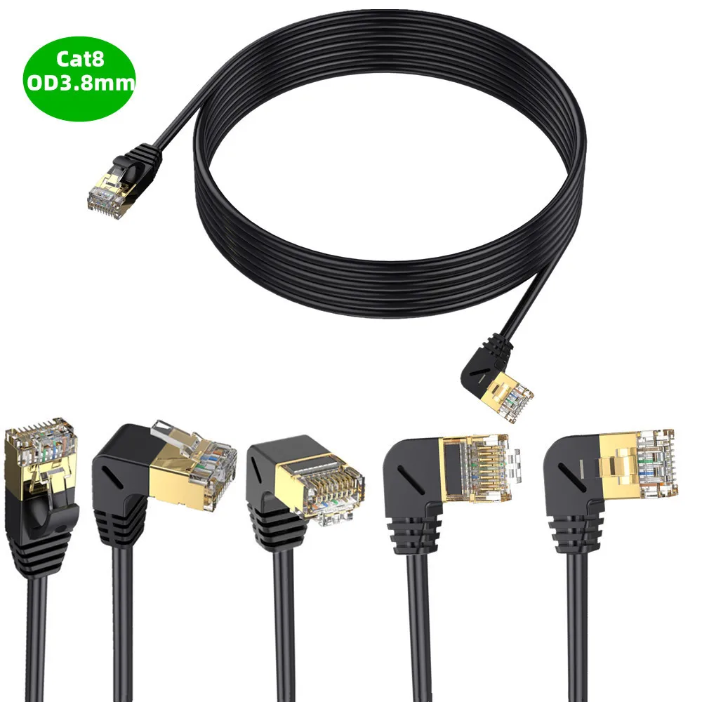 Ultra cienki kabel sieciowy Cat8 kabel Ethernet RJ45 pod kątem prostym UTP kabel połączeniowy 90 stopni Cat6a Lan kable do TV, pudełko routera