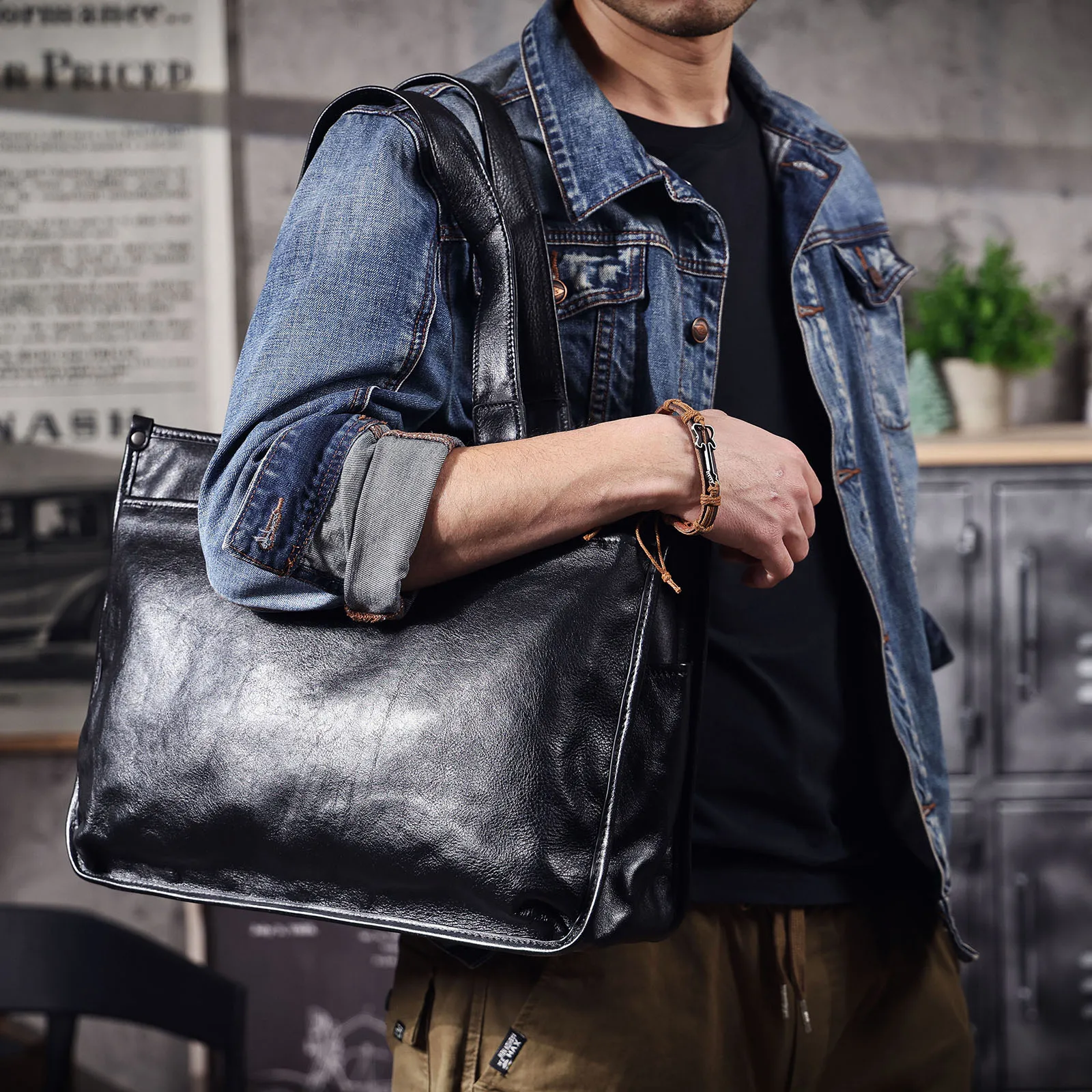 Echte Leder-Aktentasche für Herren, 15-Zoll-Laptop-Tasche, einfache Umhängetasche aus Rindsleder, pflanzlich gegerbtes Leder, modischer Casual-Stil – Detail 4
