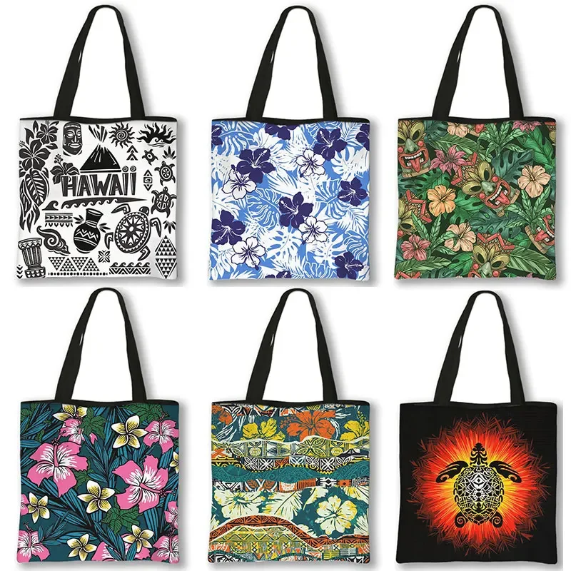 

Polynesian Tribal Hibiscus Flower Print Shoulder Bag Women Hawaiian Turtle Totes Bags Causal Handbag Reusable Shopper Bags Gift