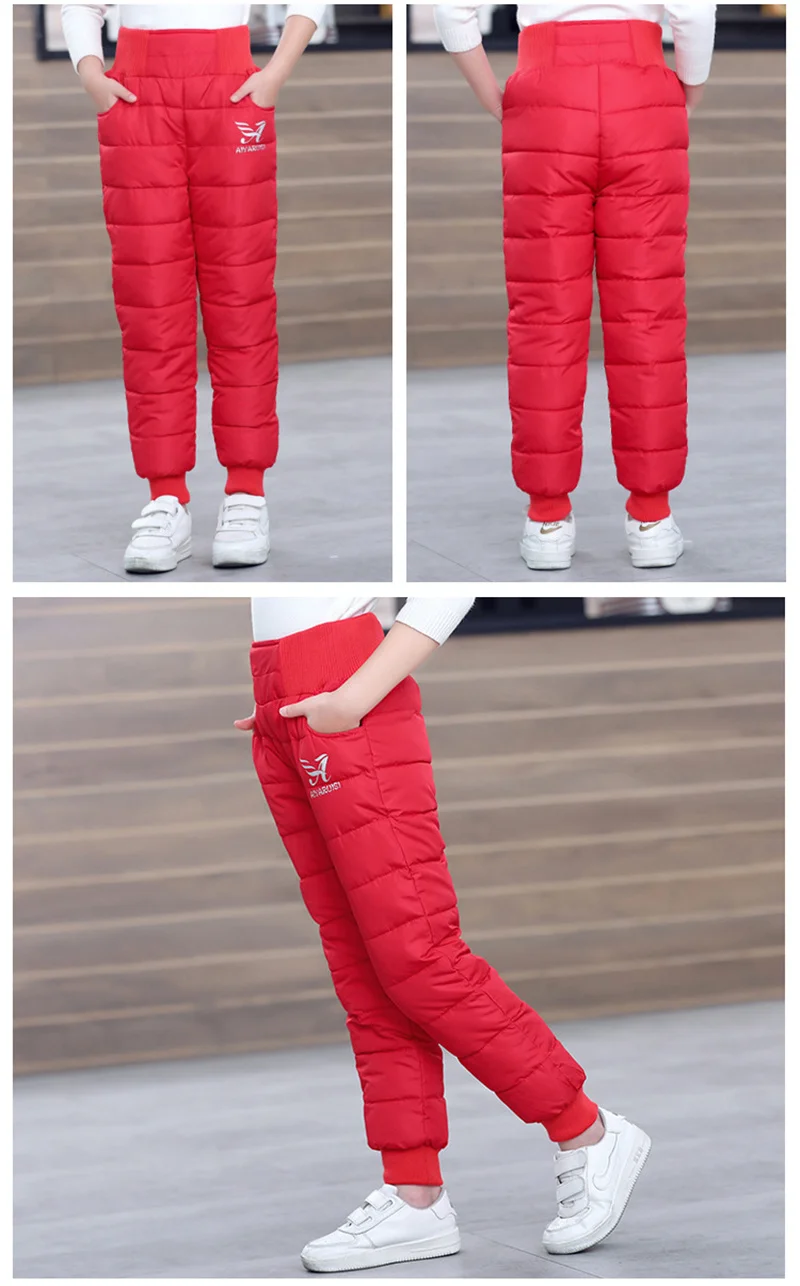 Winter Boys Thick Cotton Pants Fleece Padded Warm Trousers Kids Waterproof Ski Pants 10Y Elastic High Waisted Baby Girls Pant