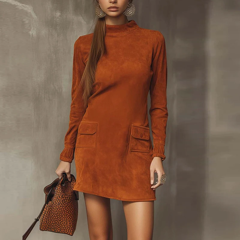 Femmes élégantes à manches longues robe de soirée col rond conception de poche Faux daim Mini robe femmes automne hiver mince robes de soirée