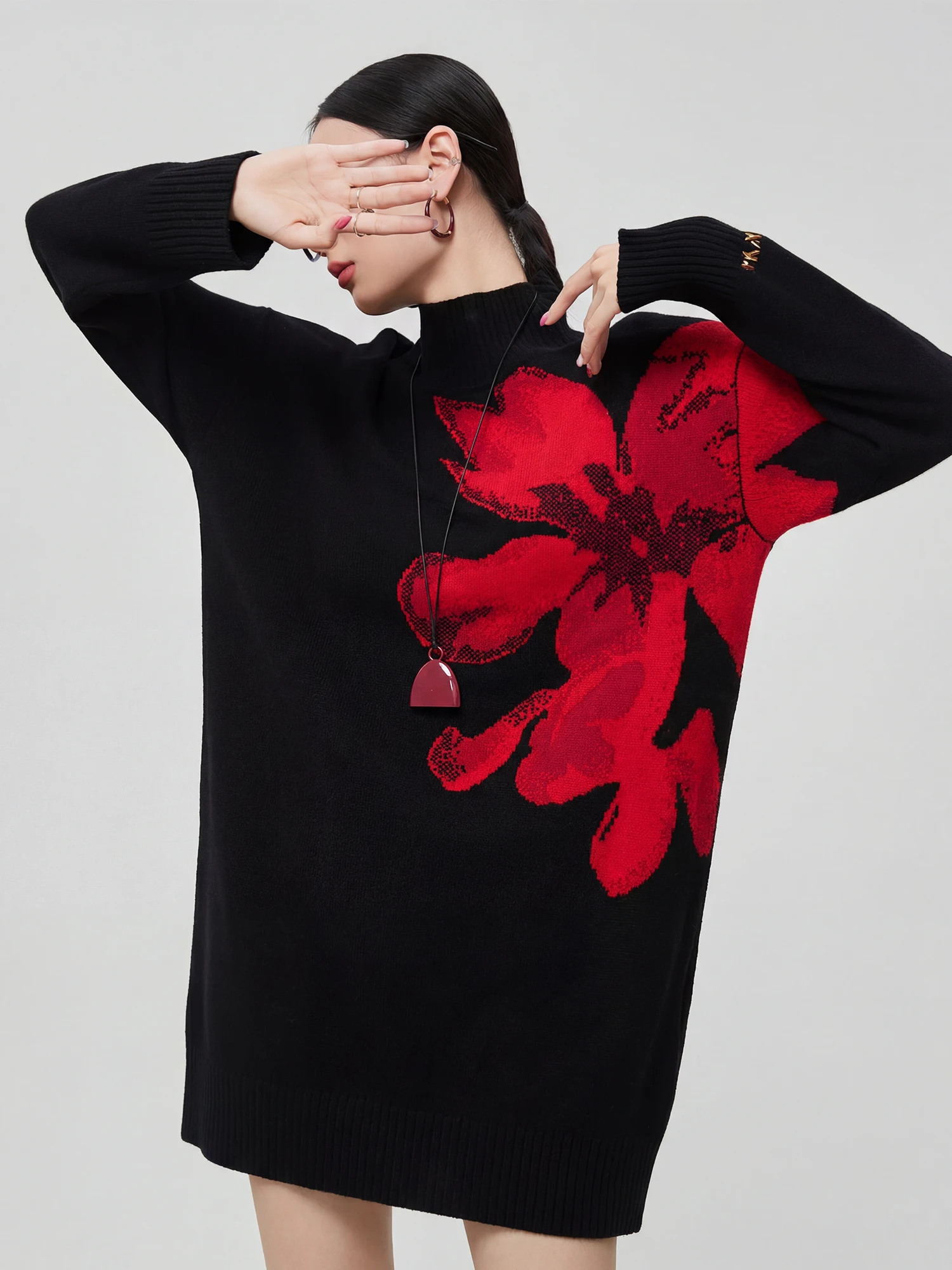 

Bla Embroidered Print High Collar Knitted Dr Women's Loose Sweater Dr Autumn Winter New Sle Casual Polyester Fiber ...