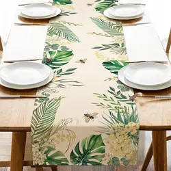 Spring Summer Palm Leaves Bee Linen Table Runner Party Decor Tropical Green Plant Kitchen Dining Table Runner Home Decorations