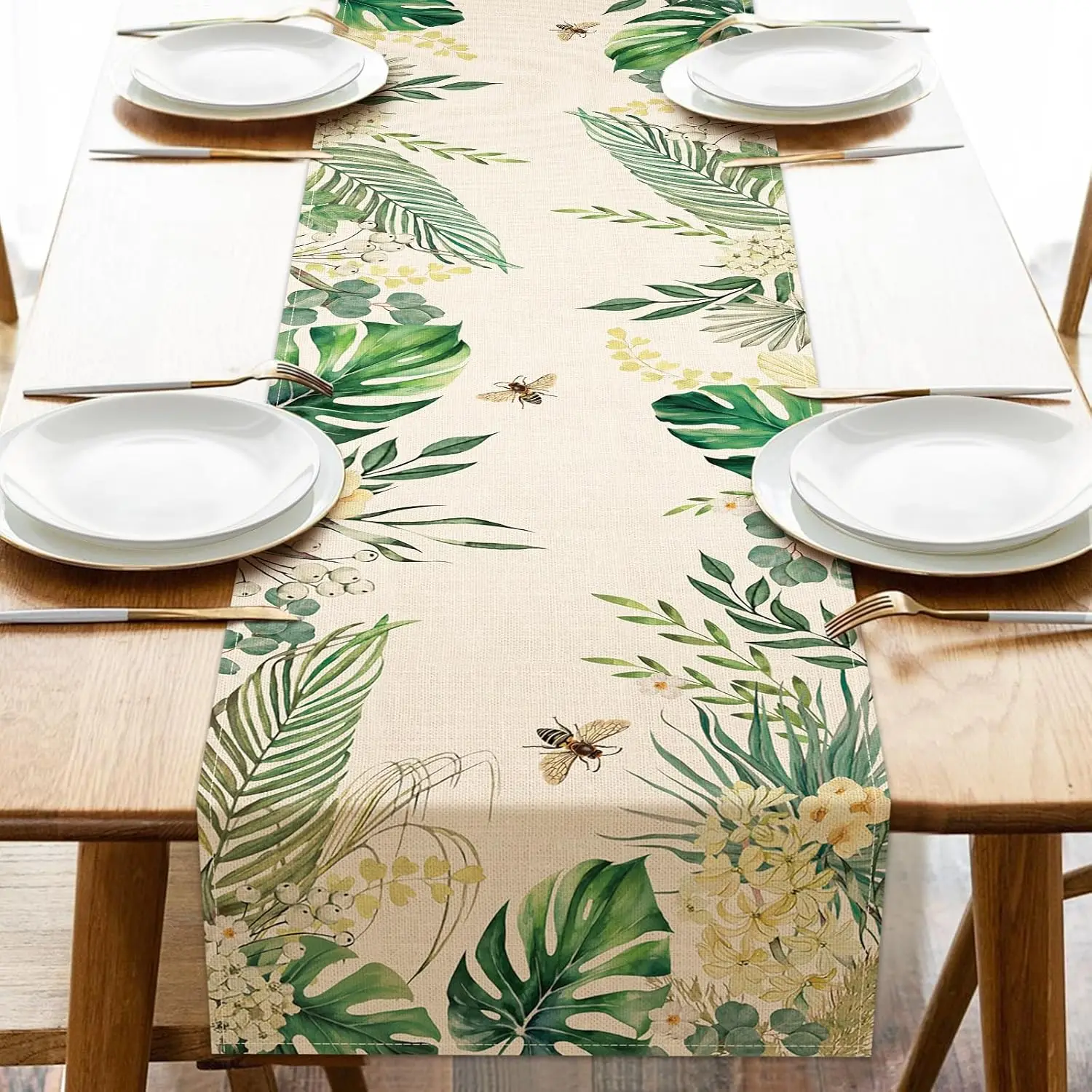 Spring Summer Palm Leaves Bee Linen Table Runner Party Decor Tropical Green Plant Kitchen Dining Table Runner Home Decorations