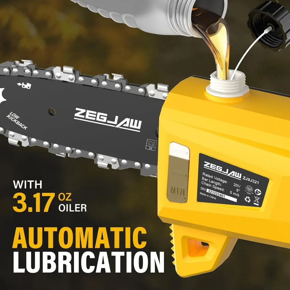 منشار كهربائي لاسلكي مقاس 8 بوصات لتقليم الأشجار مع وصول 15 قدمًا وتزيت تلقائي وتشغيل خالٍ من الأدوات