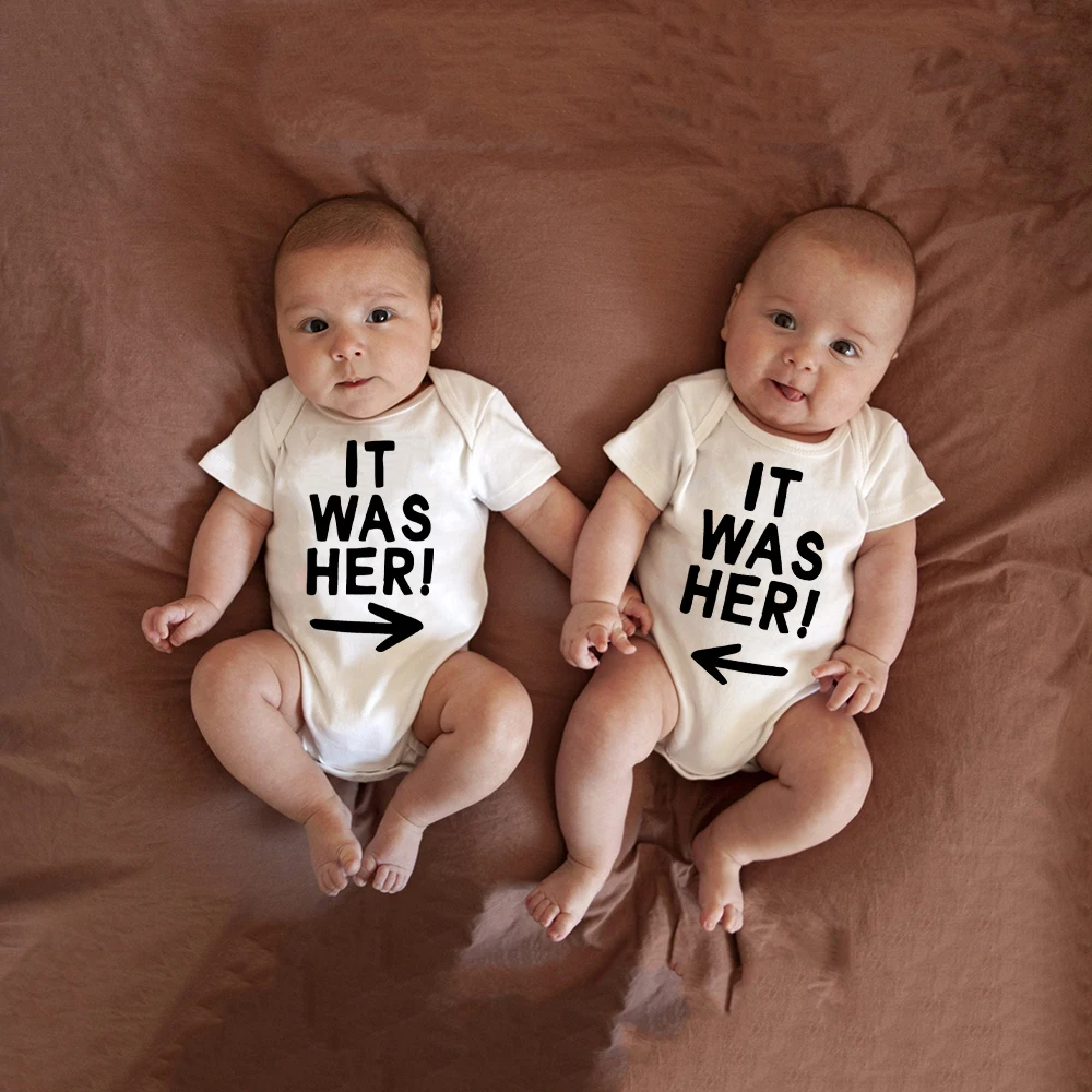 

It Was Her/It Was Him Letter Print Baby Romper Twins Brother Sister Cute Romper Outfit Short Sleeve Bodysuits Holiday Babys Gift