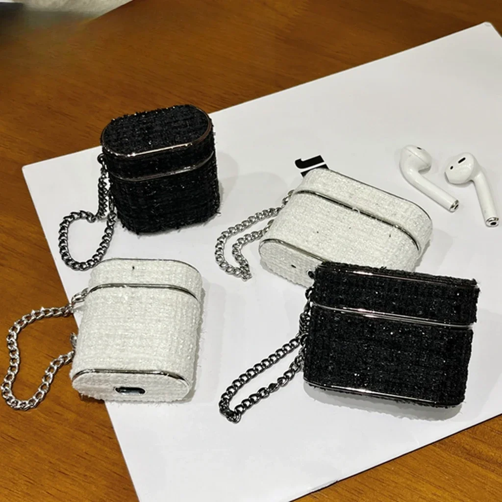 Stylish Simplicity Black White Solid Color Grid Pattern With Chain Earphone Cover Case for AirPods 1 or 2 3 4 Pro 2