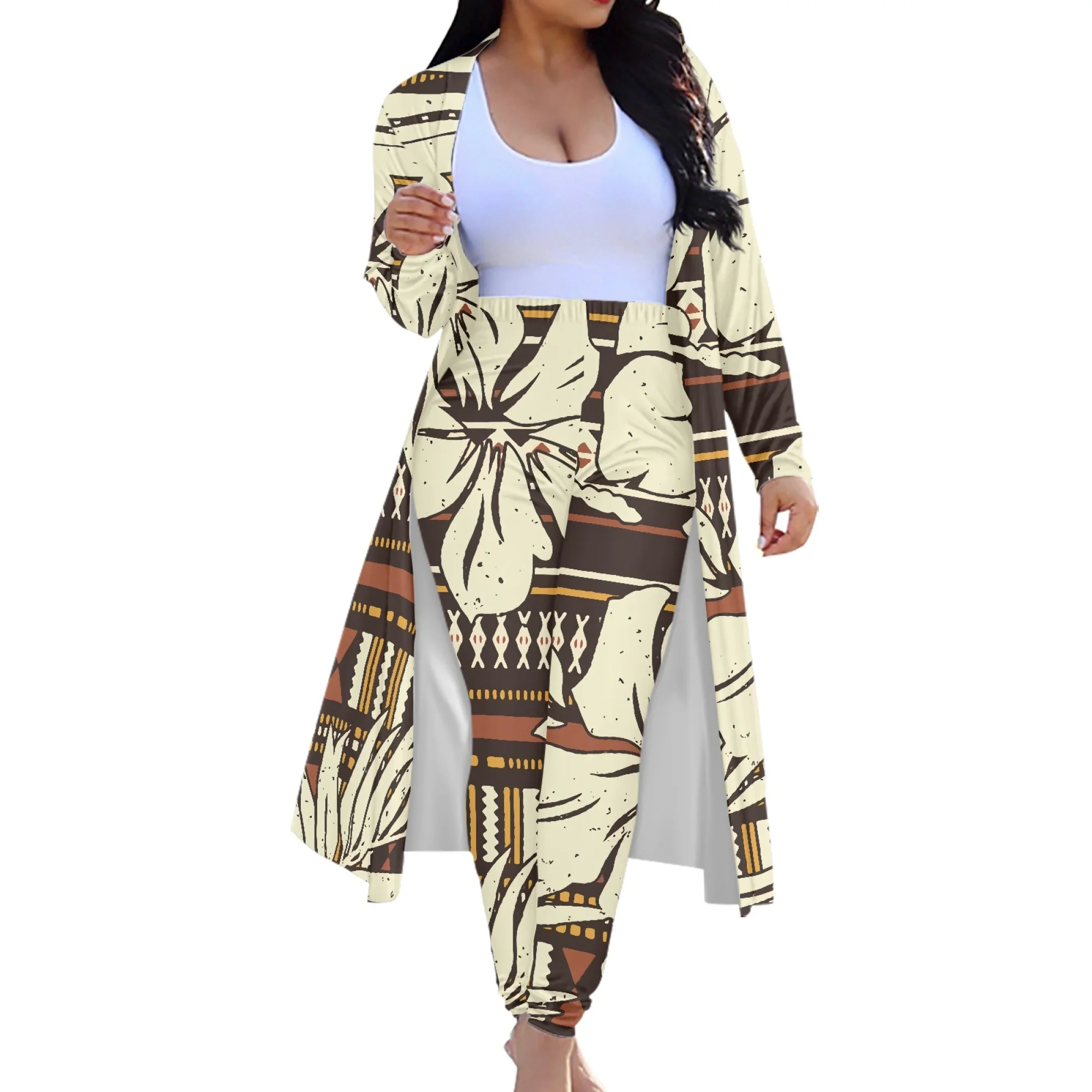 Tribal Peoples Polynesian Women Casual Long Sleeve Suit Office Commuter Suit Cape Long Sleeve Trousers Samoa Island Print Custom