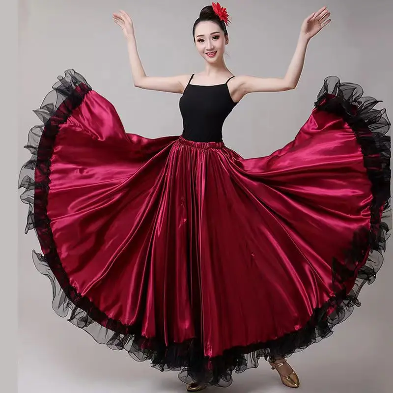 Cigana Mulher Espanhola Flamenco Saia Poliéster Cetim Suave Big Swing Carnaval Festa Salão De Baile Dança Do Ventre Trajes Vestido