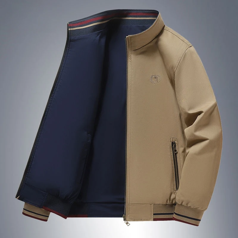 

Весенне-осенняя куртка, двусторонняя куртка для мужчин среднего возраста со свободным повседневным пальто большого размера с воротником-стойкой для папы, высокое качество