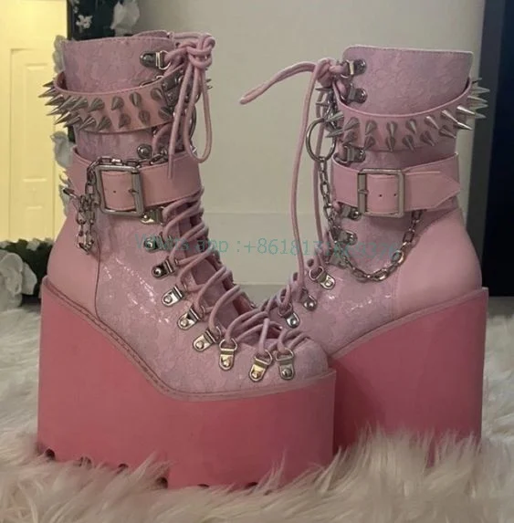 Studed Pink Wedges Platform Cross Strap Booties Women Round Toe Buckle Rivet Sweetheart Shoes Gril Cute High Heel Platform Shoes