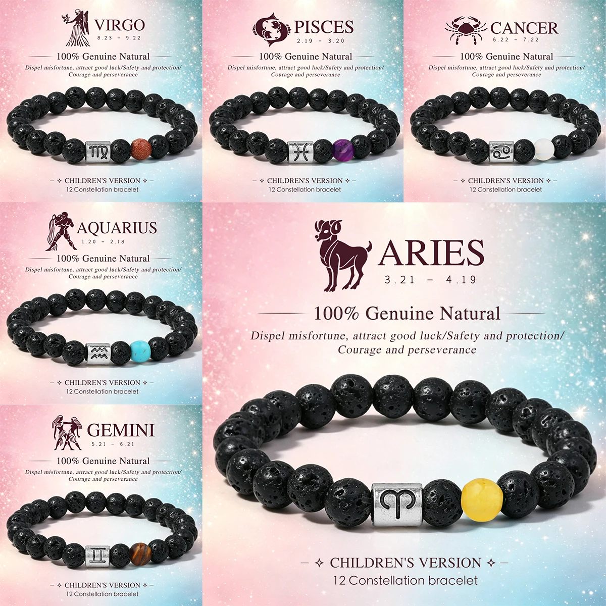 Natural Stone Volcanic Stone 6mm Round Bead Children's Bracelet 12 Constellation Bracelet Leo Taurus Birthday Gift