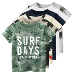 Camiseta de manga corta para niños, ropa Coreana de verano, 2024 algodón, estampado de camuflaje con letras, cuello redondo, Top para bebé