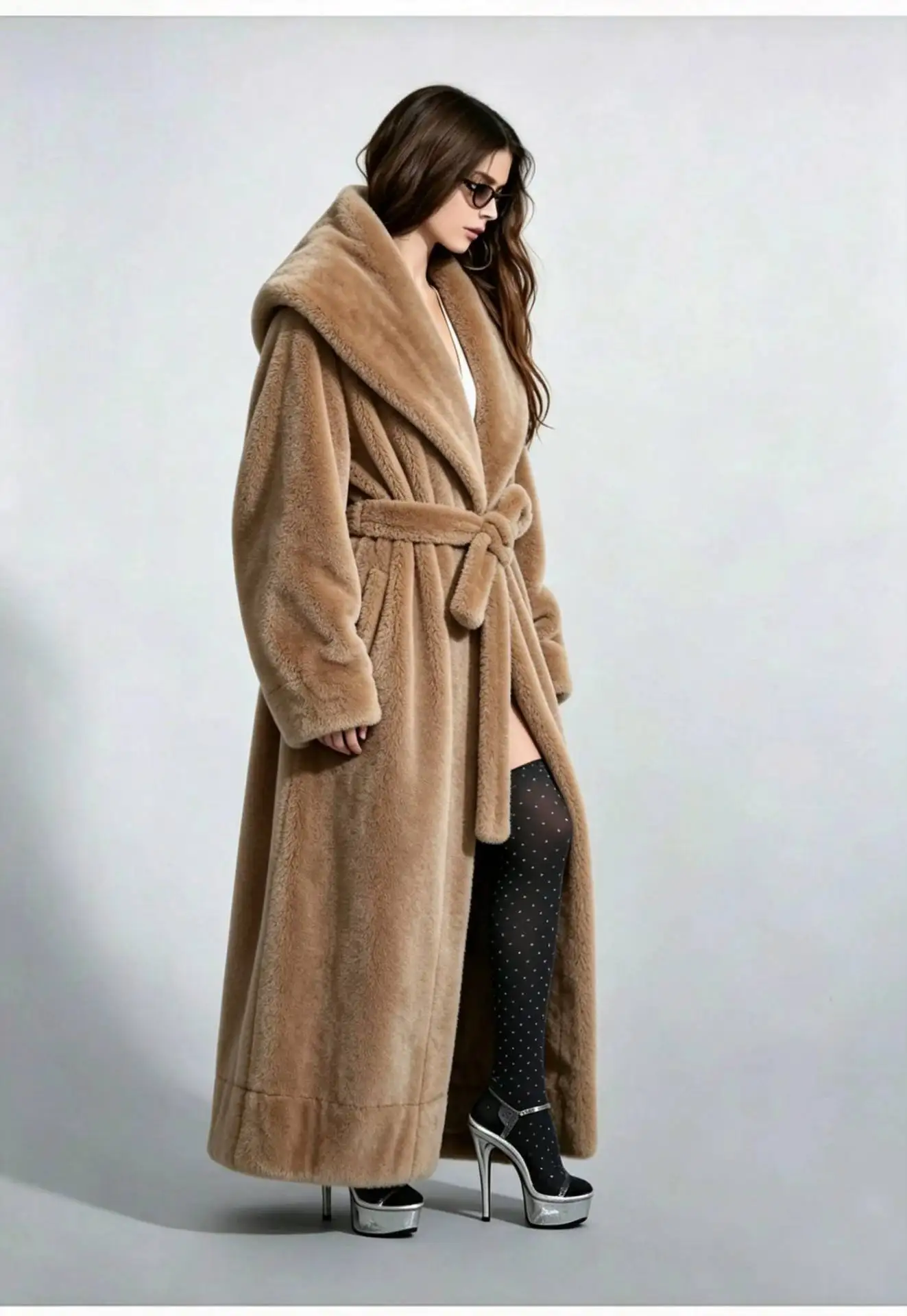 Long Coats Women Faux Fur Jackets Turn Down Collar Coat Thick Warm Y2k Streetwear Jacket Work Lace Up Tight Waist Autumn Winter