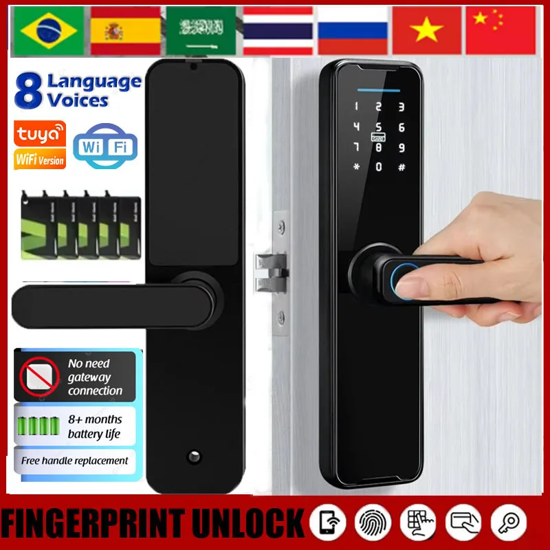 Tuya Wifi Biometric Fingerprint  Smart Door Lock Electronic Door Lock with Tuya APP/IC Card/Password/ Key Unlock Smart Door Lock
