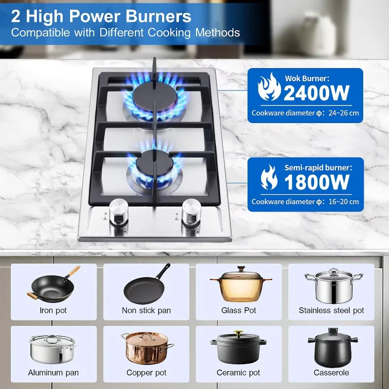 Estufa de gas de acero inoxidable, estufa de gas de 2 quemadores con protección automática contra la llama, compatible con gas natural y propano.