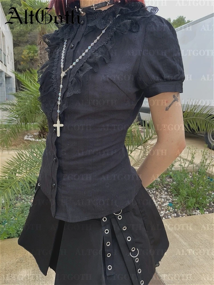 

AltGoth Gothic Dark Vintage Jacquard Shirt Women Aesthetic Fairycore Grunge Hotsweet Versatile Lace Patchwork Puff Sleeve Blouse