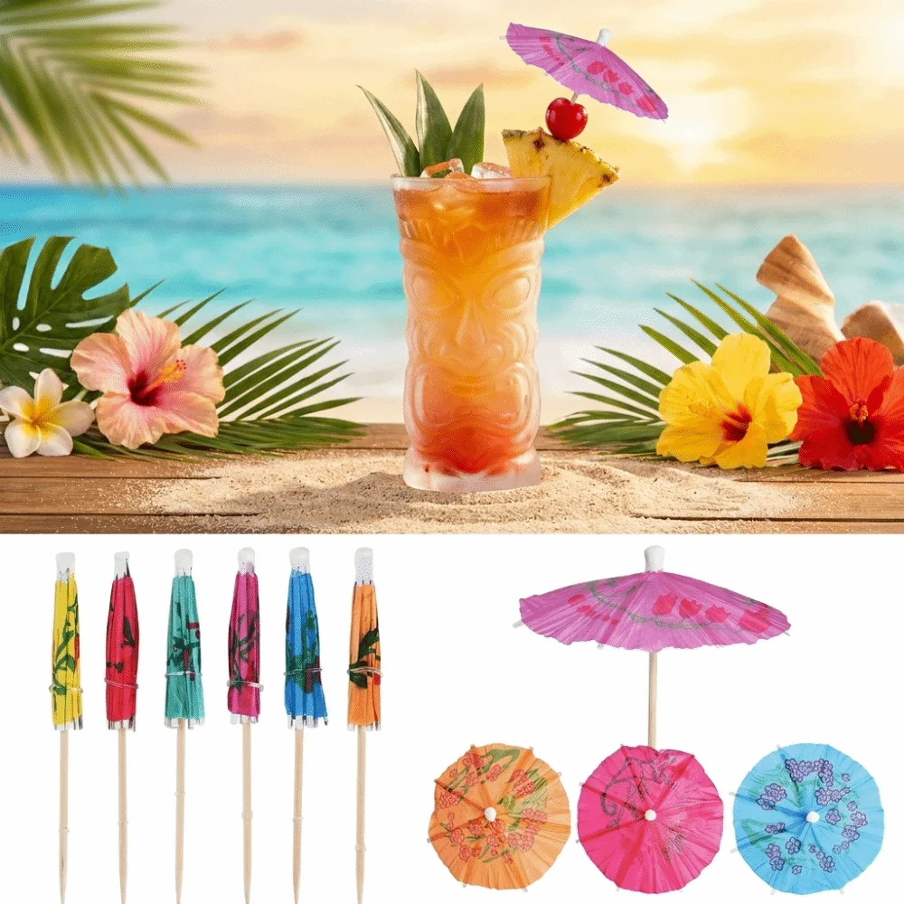 100PCS Bamboo Cocktail Picks Wooden Sticks Colorful Umbrella Picks Paper Umbrella Tops Disposable Bamboo Toothpicks
