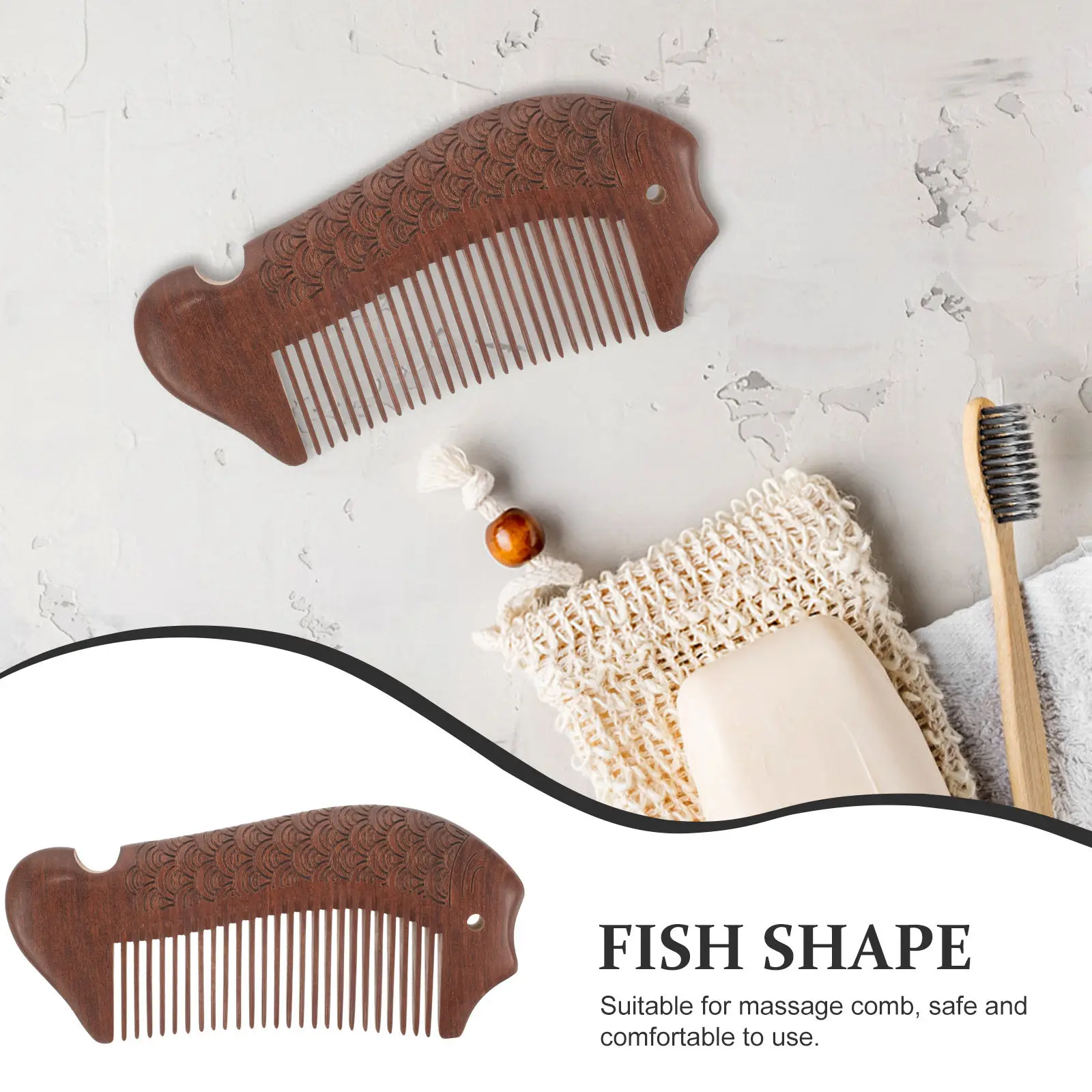 

Портативная деревянная расческа с мелкими зубьями для распутывания волос и массажа, легкая, декоративная, компактная, в форме рыбы