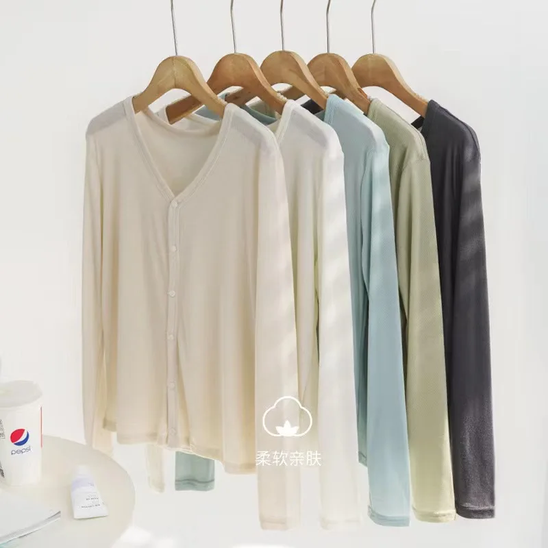 Sunscreen Cardigan Women Spring Summer Lyocell Thin Long Sleeve Soft Stretchy Female Simple Outerwear Air-conditioned Cardigan