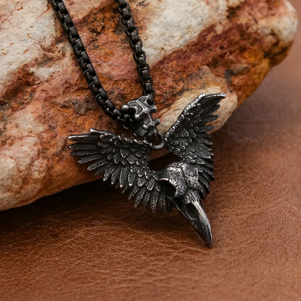 Einzigartige Vintage Schädel Raben flügel Anhänger für Männer Frauen Gothic Edelstahl Tier Amulett Halskette Schmuck Geschenke Drops hipping