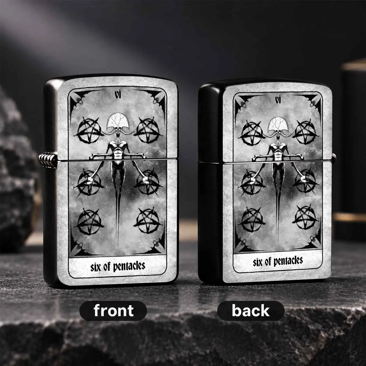 Vintage Tarot Card Six Of Pentacles Black White Occult Skeleton Totem Pattern Frosted Texture Portable Windproof Unique Mysterious Art Collectible Accessory For Men Daily Outdoor Use Creative Gift For Tarot Enthusiast A Fun And Humorous Lig