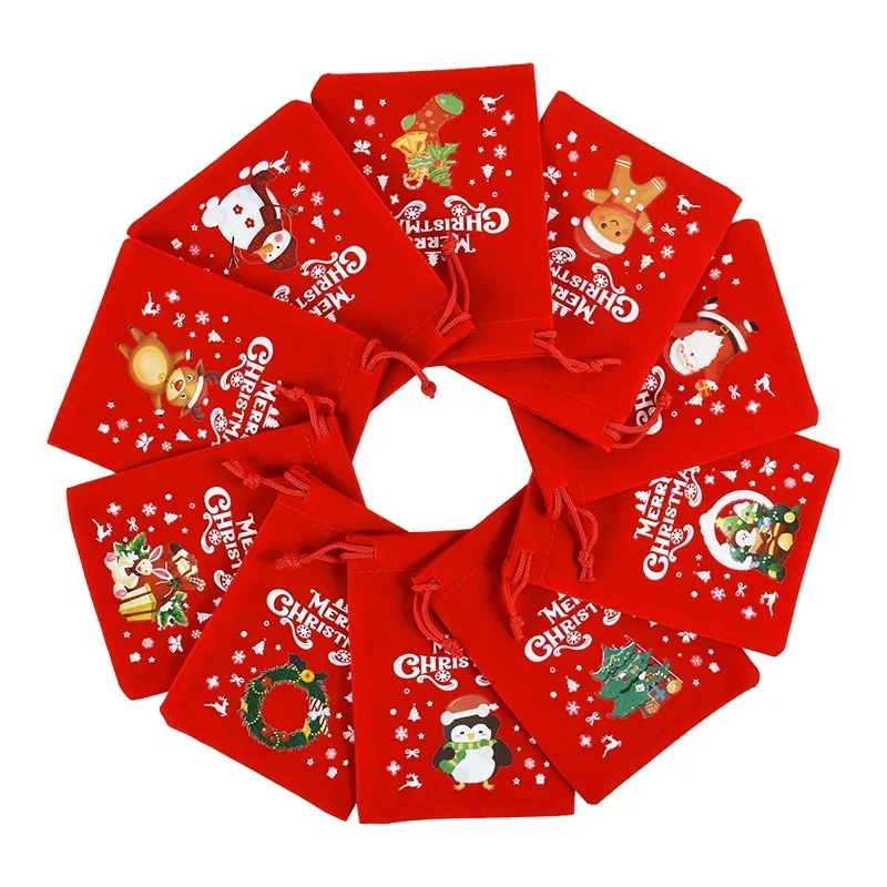 5 teile/los Weihnachten Muster Samt Taschen 9x12 15x20cm kleine Weihnachten Süßigkeiten Geschenk Tasche Kordel zug Beutel Boutique Schmuck Verpackung Taschen – Detail 1