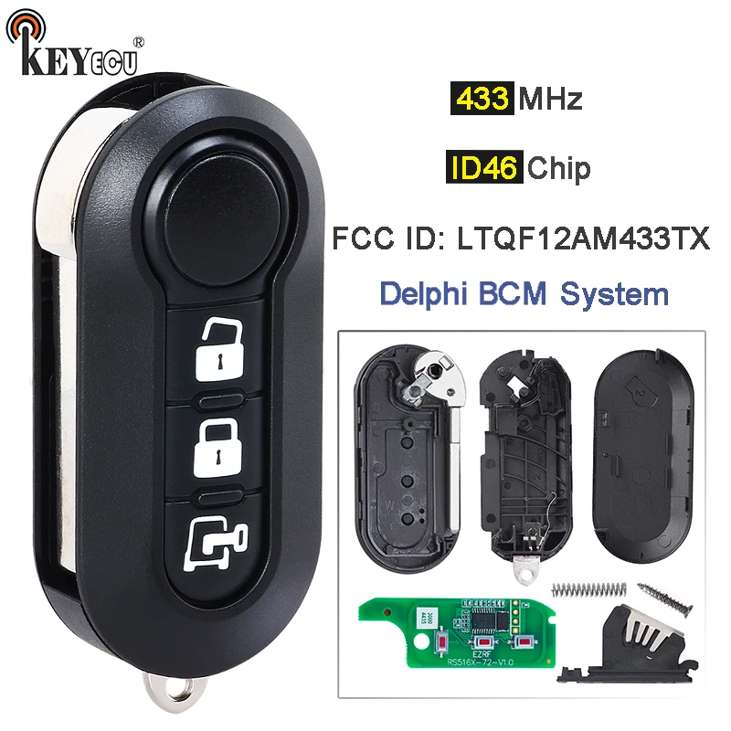 

KEYECU 433MHz PCF7946A ID46 Delphi BCM System FCC ID: LTQF12AM433TX Flip Remote Key Fob for Fiat 500 Ram Promaster 2012-2021