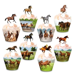 16pcs Horse Racing Cupcake Toppers Wrappers Wild Horse Cupcake Liners Cake Decorations Birthday Party Dessert Dress Up Supplies