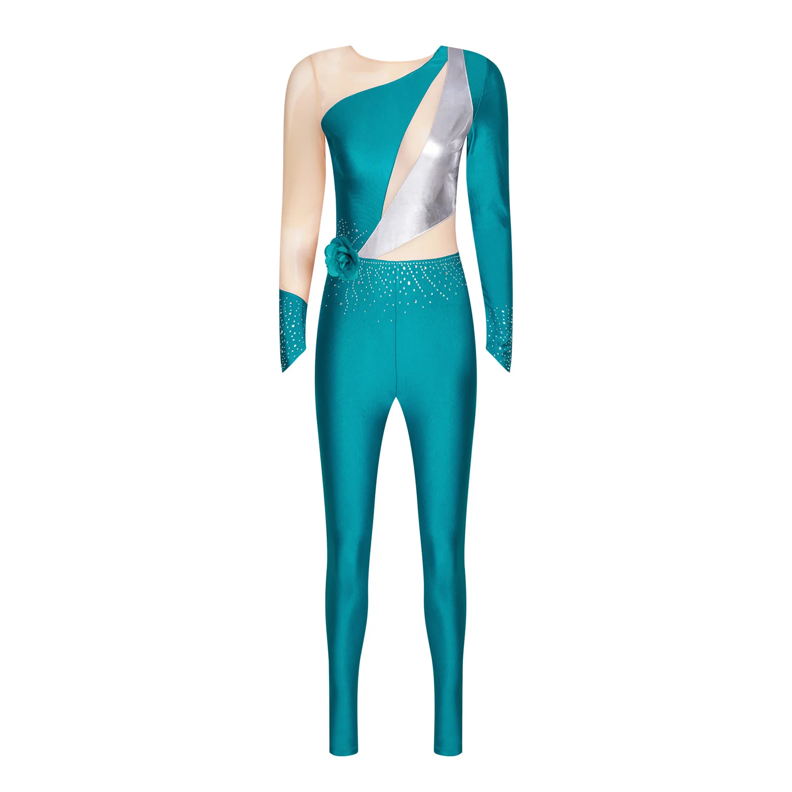 Tuta da ginnastica da pattinaggio di figura da donna Fiore 3D Strass Metallico Colore a contrasto Manica lunga Pagliaccetti slim Tuta da ballo