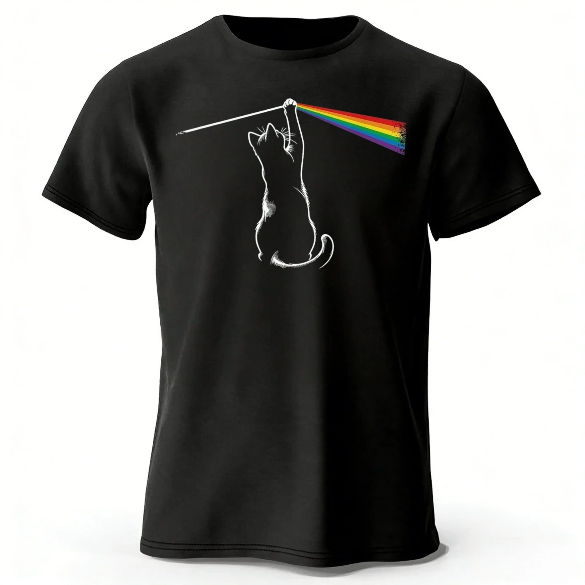2026 Modisches Neues Baumwoll-T-Shirt mit Regenbogen-Katzen-Kreativdruck, Hochwertig Locker Geschnitten Großes Atmungsaktives Sport-Kurzarmshirt