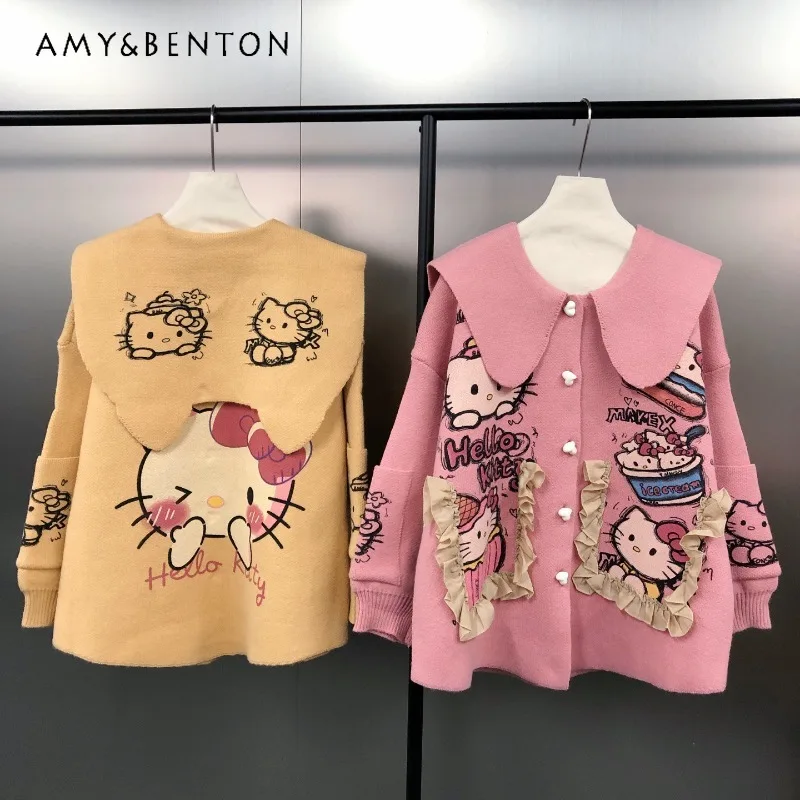 

Корейский стиль, милый мультяшный буквенный принт спереди и сзади, кукольный воротник, трикотажное пальто, свободный свитер, кардиган для девочек