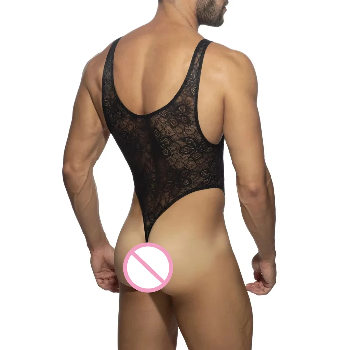 Homens malha pijamas bodysuits sexy rendas ver através sem mangas de uma peça homewear gay masculino transparente regatas macacão roupa interior