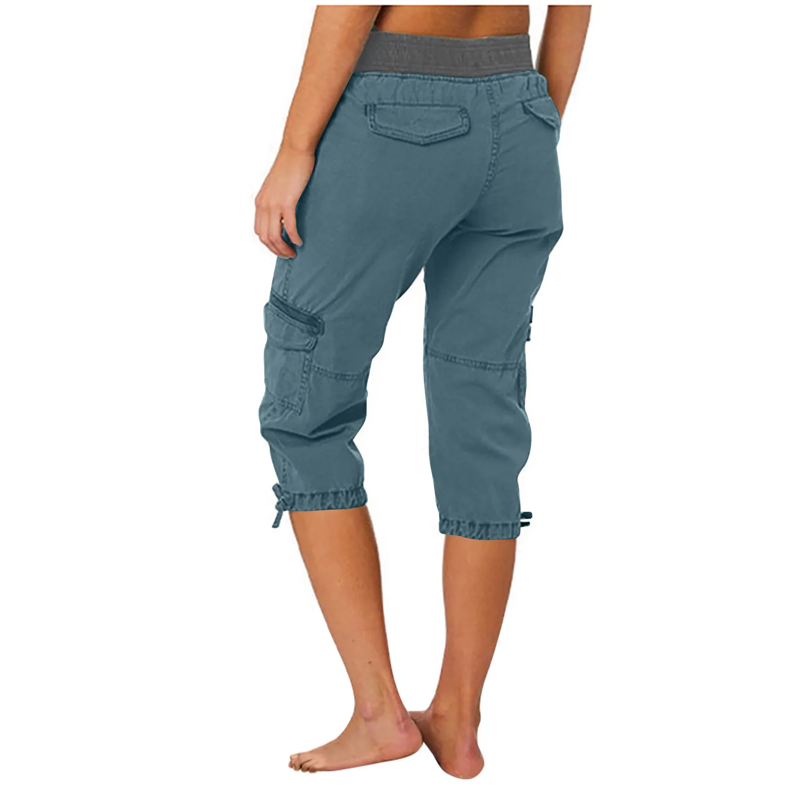 2026 Women's Summer Casual High Waist Drawstring Pocket Workwear Pants Solid Loose Wide Leg Extendable Cuffs 7-inch Pants Female