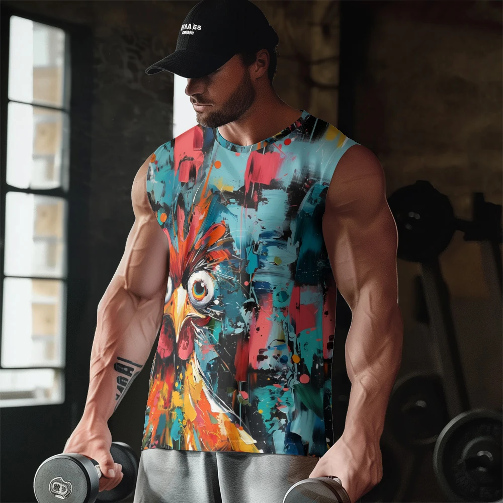 

Масляная живопись, анимация, Googly, петух, принт, повседневная майка для спортзала, топ без рукавов, тонкий шлейф, жилет для молодых мужчин, спортивный жилет для фитнеса