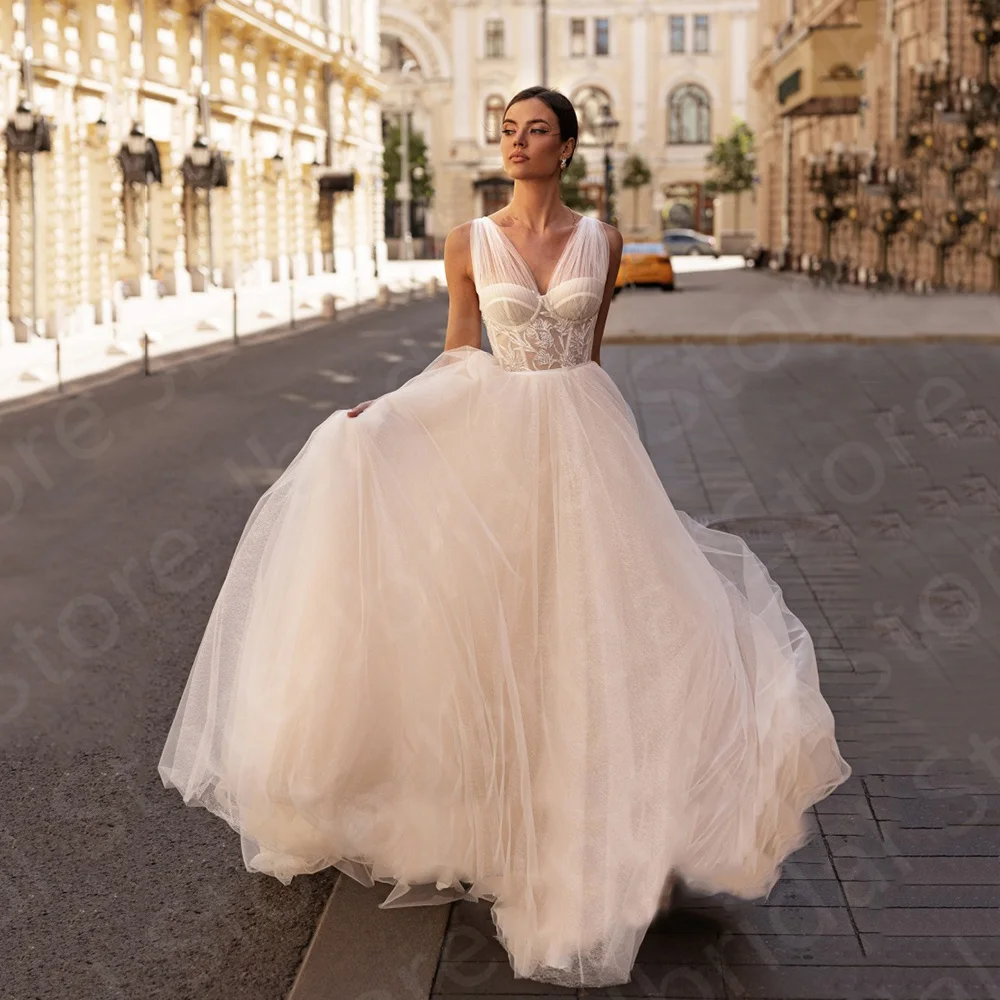 Vestidos de novia sin mangas con escote en V, vestidos de novia con apliques, tren de corte trasero con cordones, gran oferta, 2023