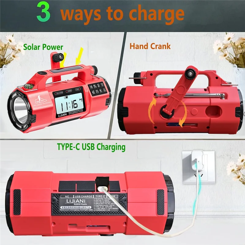 ABSQ-HRD908 راديو طوارئ متعدد الوظائف مع نطاقات AM/FM/SW/WB مصباح يدوي كبير، مكبر صوت كبير، مولد كرنك يدوي