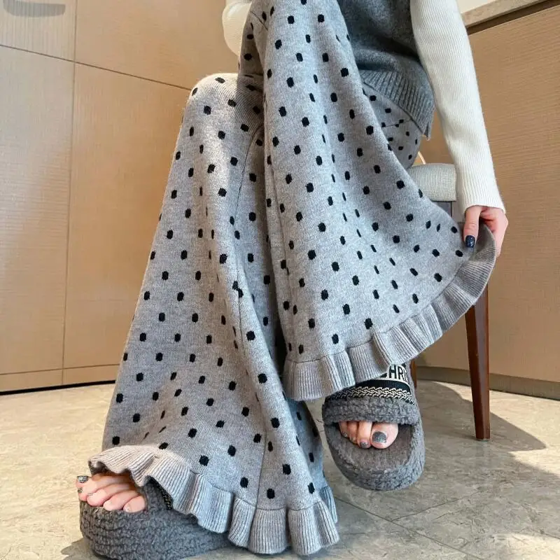 Polka Dot Lace Knitted Bootcut Pants Women's Autumn Winter High Waist Slim Fit Wide Leg Pants Y2K Girls Loose Casual Trousers
