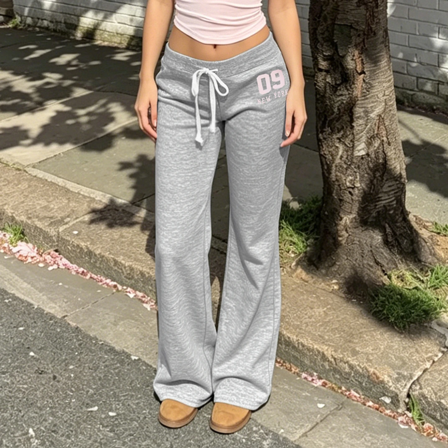 Women's Casual Digital And Letters Print Pants Drawstring Knitted Solid Knitted Flared Trousers Street Style All Match Bottoms