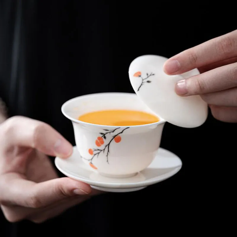 White Porcelain Persimmon Pattern Kungfu Tea Cups Sancai Gaiwan Tea Tureen Tea Bowl Household Kitchen Teaware
