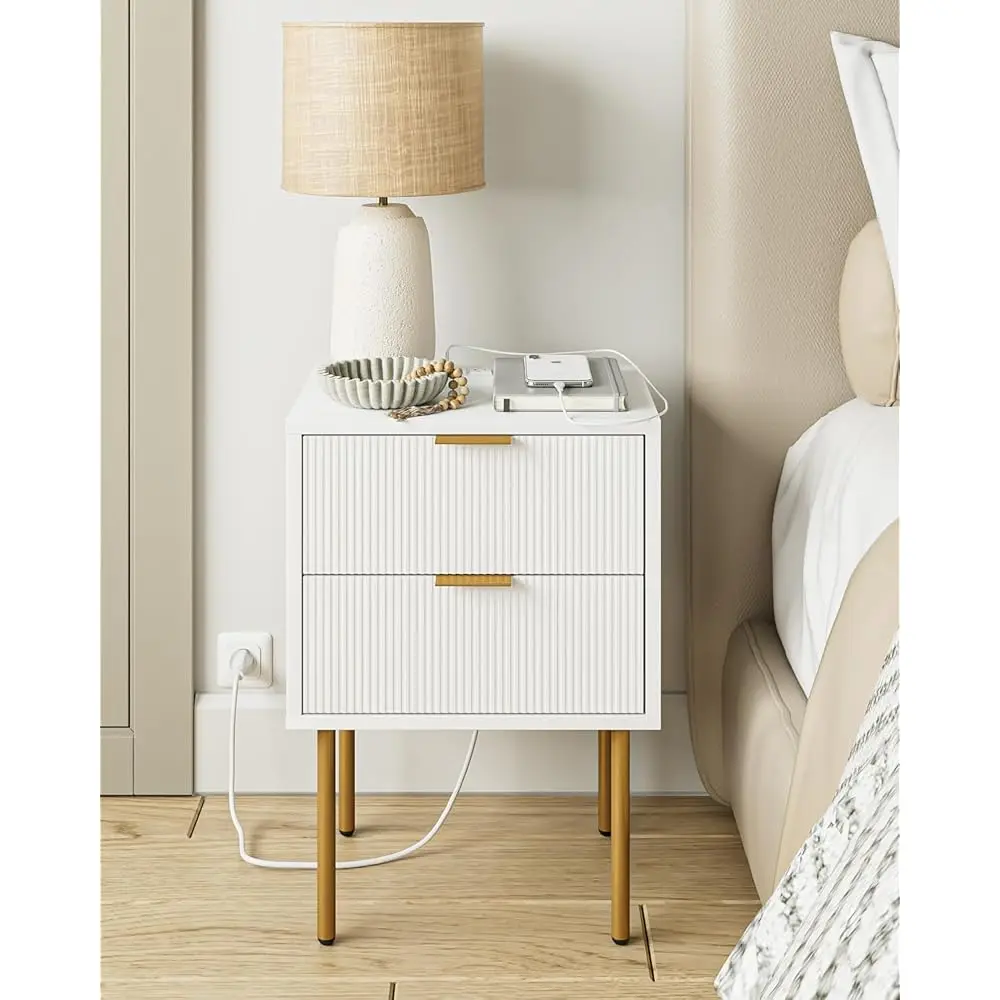 

Nightstand With Charging Station,Small Side Table With 2 Drawers, Bedside Furniture, Night Stand, End Table With Gold Frame For