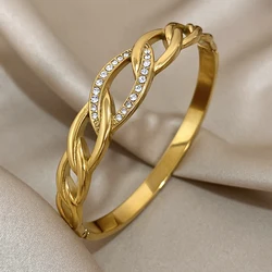 Flashbuy Stainless Steel Inlaid Rhinestones Twist Brangle Bracelet For Women New Trend Gold Color Accessories