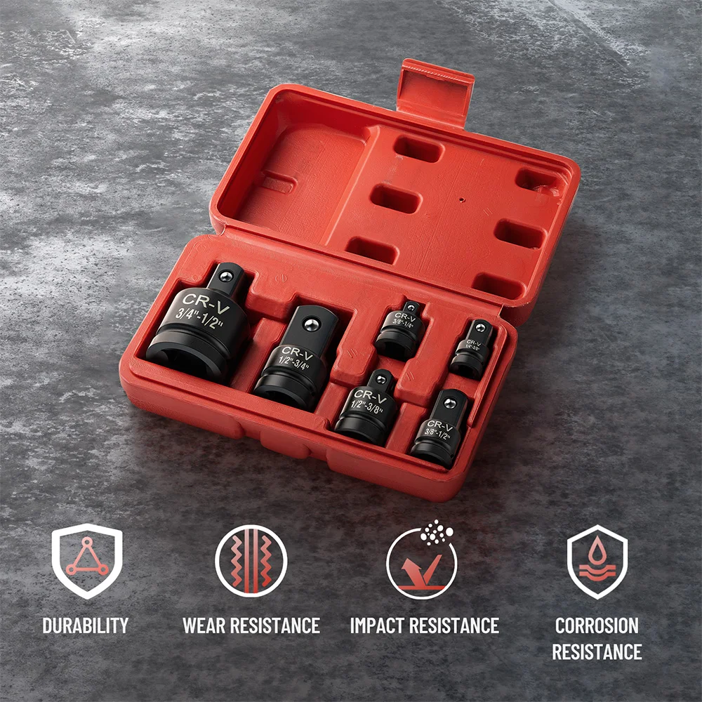 Seesii 6Pcs Impact Socket Wrench Adapter Set Drive Adaptor Reducer Spanner Hand Tools Kit ﻿with Case 1/4 3/8 1/2 3/4 Inch Square