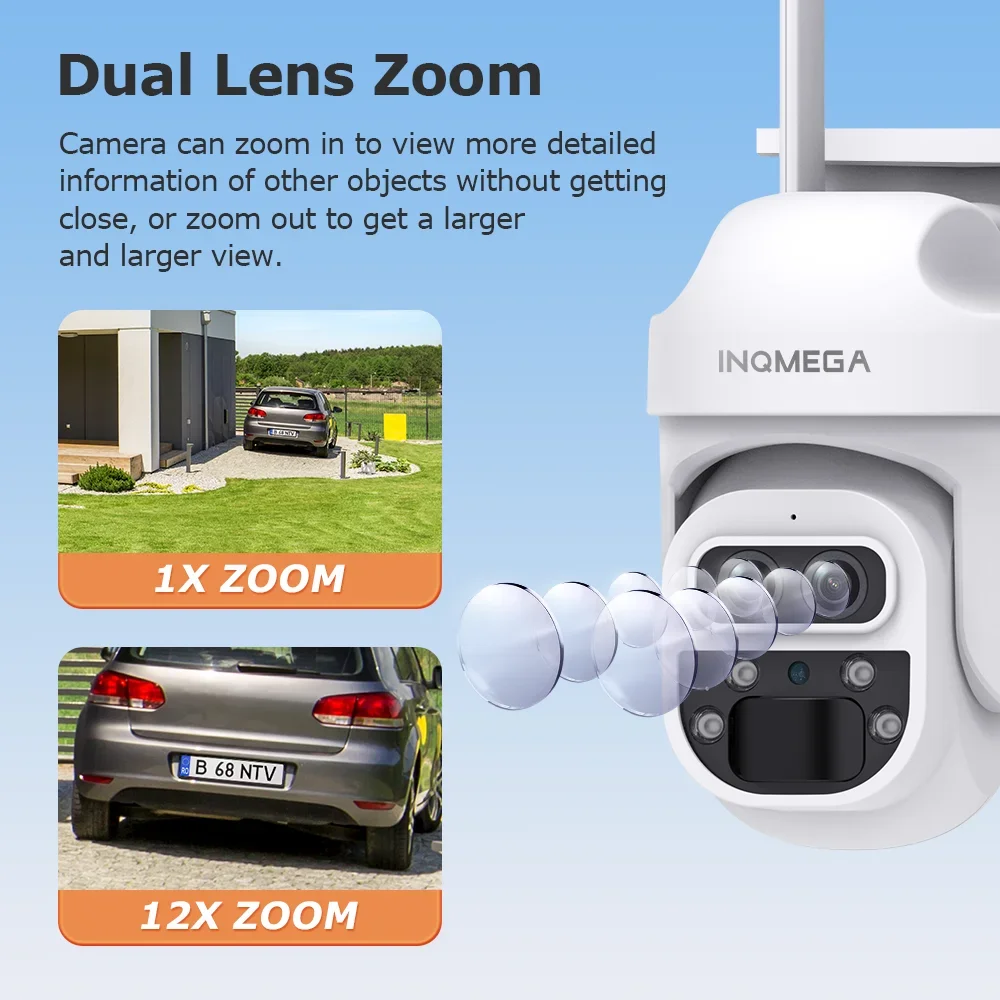 INQMEGA 4G 6MP 12x Zoom Solar Camera Outdoor WIFI Surveillance Camera PIR Security Protection PTZ Camera 7800mAh Built-in Batter