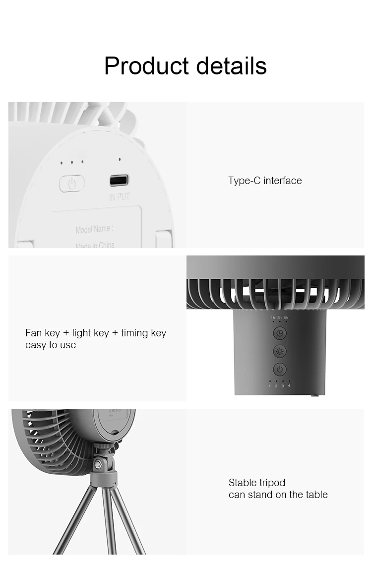 10000 mAh Camping-Ventilator, wiederaufladbar, tragbarer Desktop-Luftzirkulator, kabelloser elektrischer Deckenventilator mit Powerbank, LED-Lichtstativ – Detail 9