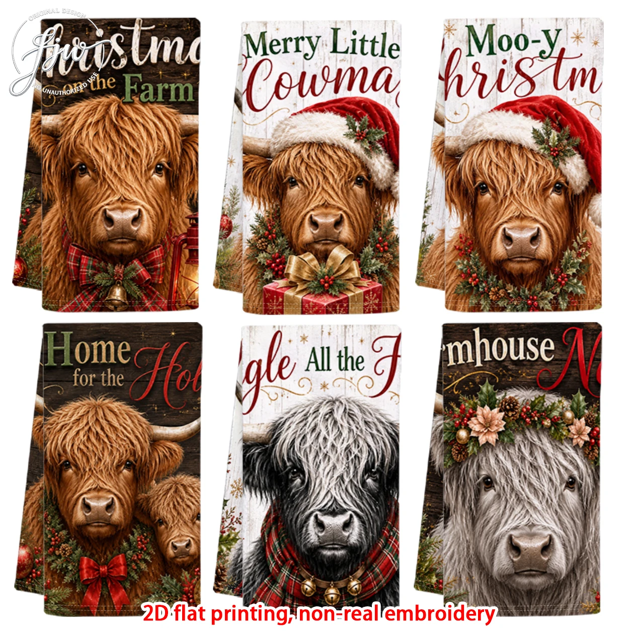 6pcChristmas Highland Cow Farmhouse Kitchen Towels  Rustic Holiday Farm Animal Dish Towels for Winter Home Decor