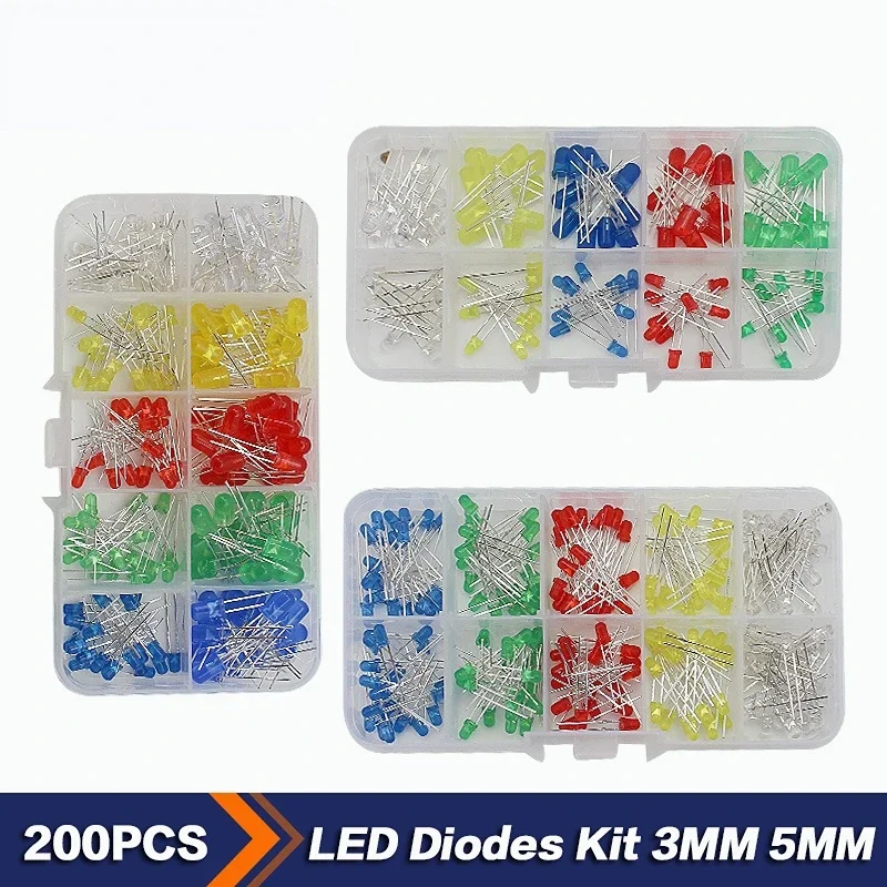 100-200pcs  LED Set Diode Led Kit Box 3MM 5MM F3 F5 Light Emitting Diode White Green Red Blue Yellow DIY Electronic kit