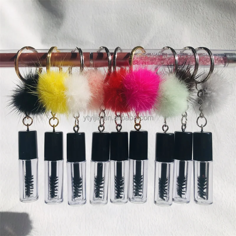 New Popular Vogue Mini Eyelash Brush Custom Logo Key Ring Mini Mascara Wand With puff ball Pink White Black