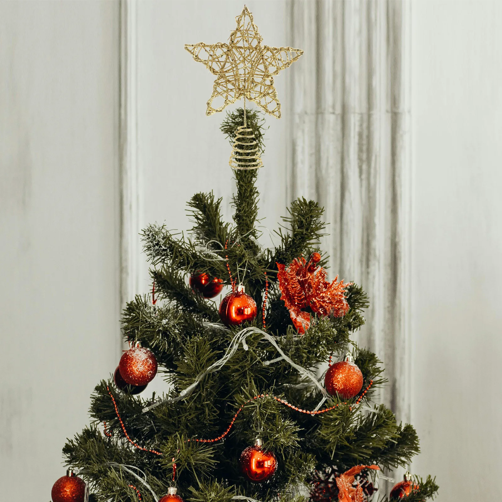 

Golden Star Christmas Tree Topper Glittered Five-Pointed Star Rattan Iron Holiday Decor Xmas Treetop Sparkling Decoration