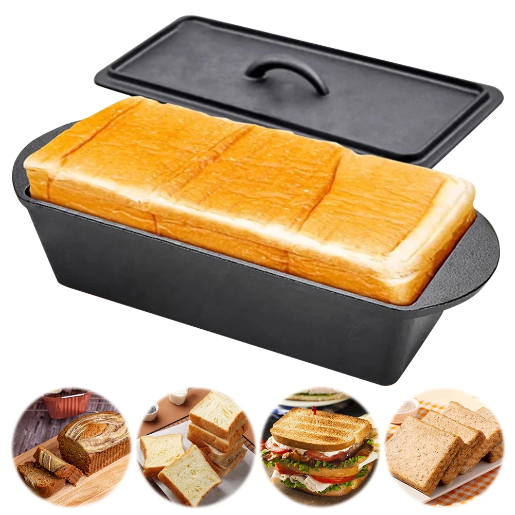 

Thick Flat Lid Cast Iron Loaf Pan Non-Coated Square Toast Mold with Sturdy Handles 14x5 Inch for Oven Baking Rustic Bread Sandwi
